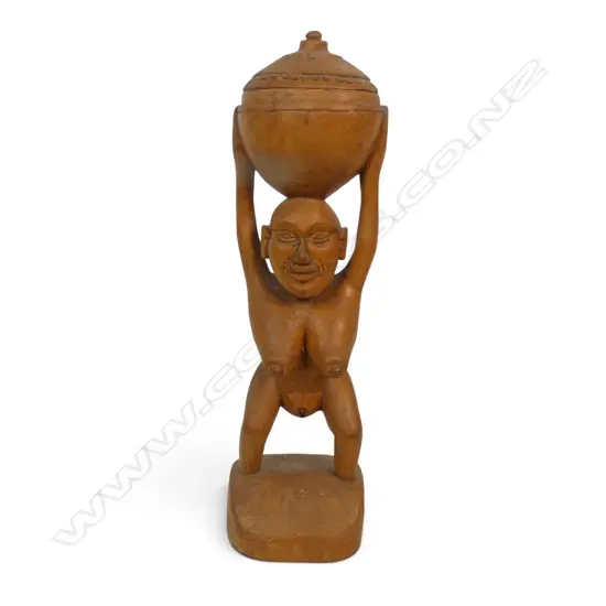 TRIBAL HAND CARVED WOODEN FIGURE OF A STYLIZED WOMEN BALANCING A POT ON HER HEAD, LIGHT WOOD, 350 X 100MM