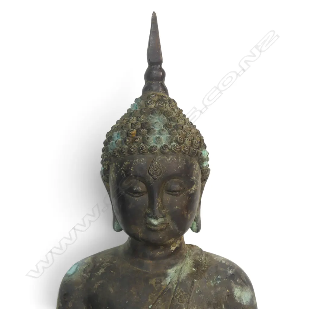 SOUTHEAST ASIA  BRONZED BRASS SCULPTURE OF CONTEMPLATIVE BUDDHA (DHYANA MUDRA), AGED PATINA & VERDIGRIS, 420 X 230MM Image 1++