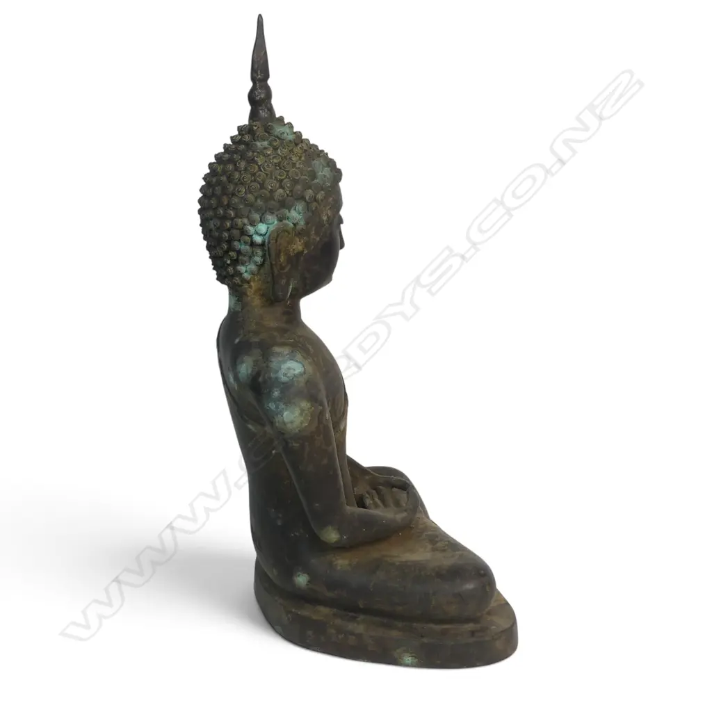 SOUTHEAST ASIA  BRONZED BRASS SCULPTURE OF CONTEMPLATIVE BUDDHA (DHYANA MUDRA), AGED PATINA & VERDIGRIS, 420 X 230MM Image 1++