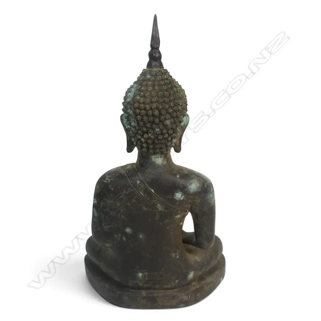 SOUTHEAST ASIA  BRONZED BRASS SCULPTURE OF CONTEMPLATIVE BUDDHA (DHYANA MUDRA), AGED PATINA & VERDIGRIS, 420 X 230MM Image 1++