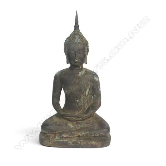 SOUTHEAST ASIA  BRONZED BRASS SCULPTURE OF CONTEMPLATIVE BUDDHA (DHYANA MUDRA), AGED PATINA & VERDIGRIS, 420 X 230MM
