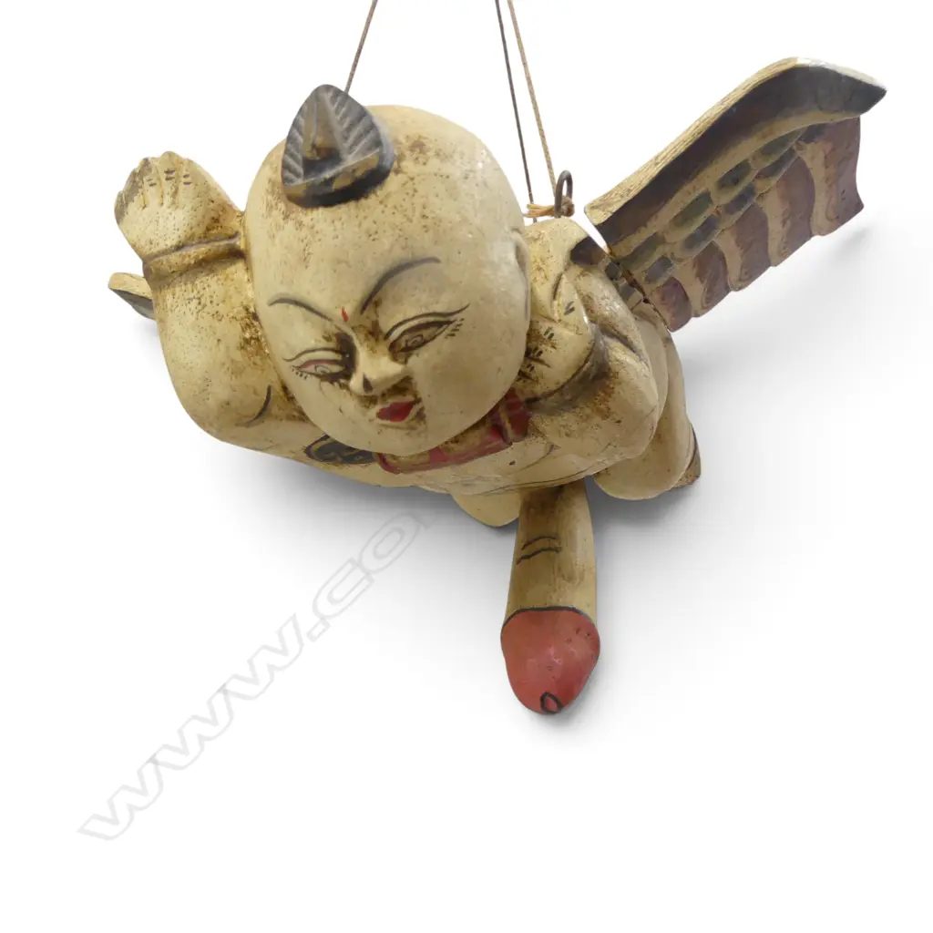 INDONESIAN POLYCHROME FLYING SPIRIT CARVED IN LIGHT WOOD WITH HOOK. L.220MM Image 1++