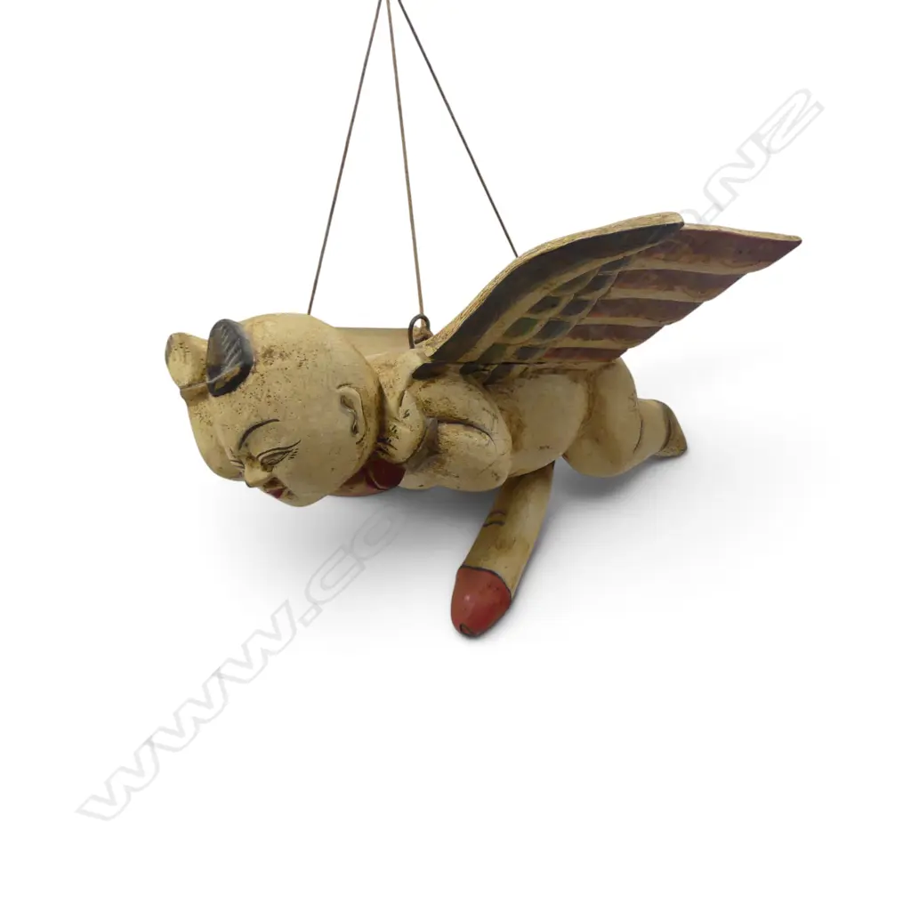 INDONESIAN POLYCHROME FLYING SPIRIT CARVED IN LIGHT WOOD WITH HOOK. L.220MM Image 1++