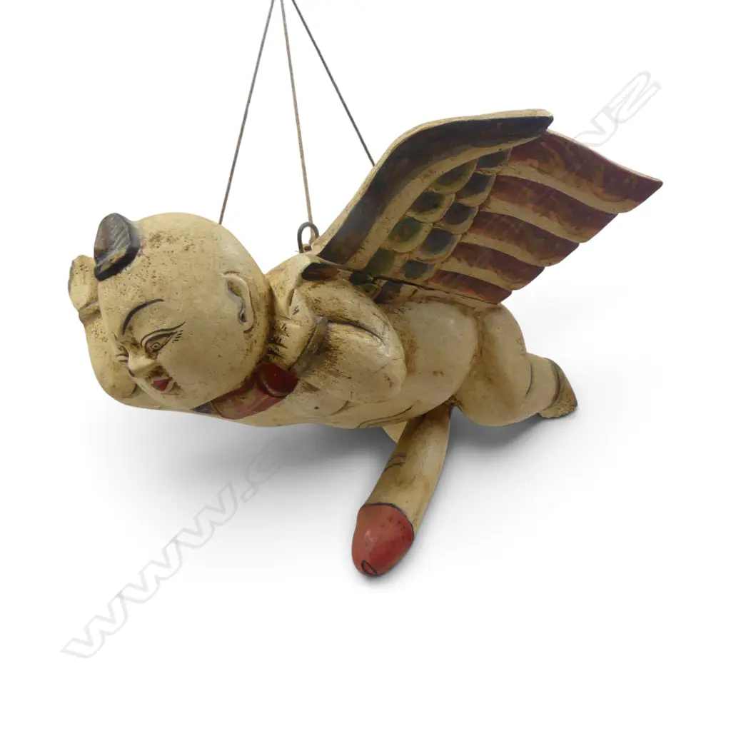 INDONESIAN POLYCHROME FLYING SPIRIT CARVED IN LIGHT WOOD WITH HOOK. L.220MM Image 1++
