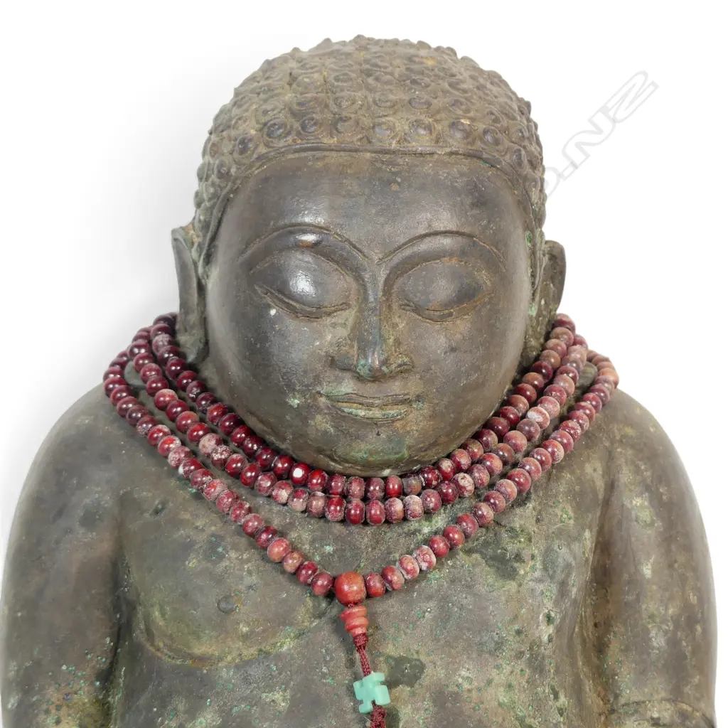 CAST BRONZE SEATED STATUE OF PHRA SANGKACHAI (LAUGHING BUDDHA FROM THAILAND) WITH BEADED NECKLACE,VERDIGRIS, 320 X 250MM Image 1++