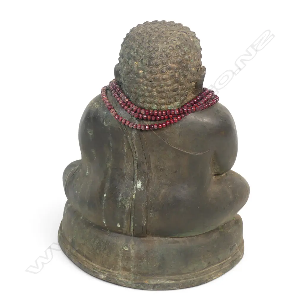 CAST BRONZE SEATED STATUE OF PHRA SANGKACHAI (LAUGHING BUDDHA FROM THAILAND) WITH BEADED NECKLACE,VERDIGRIS, 320 X 250MM Image 1++