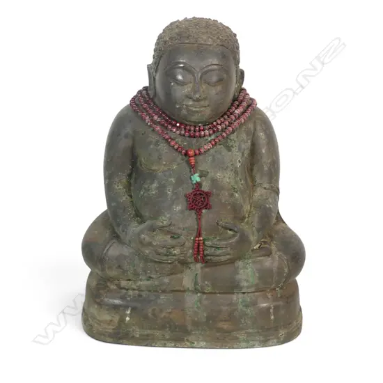 CAST BRONZE SEATED STATUE OF PHRA SANGKACHAI (LAUGHING BUDDHA FROM THAILAND) WITH BEADED NECKLACE,VERDIGRIS, 320 X 250MM