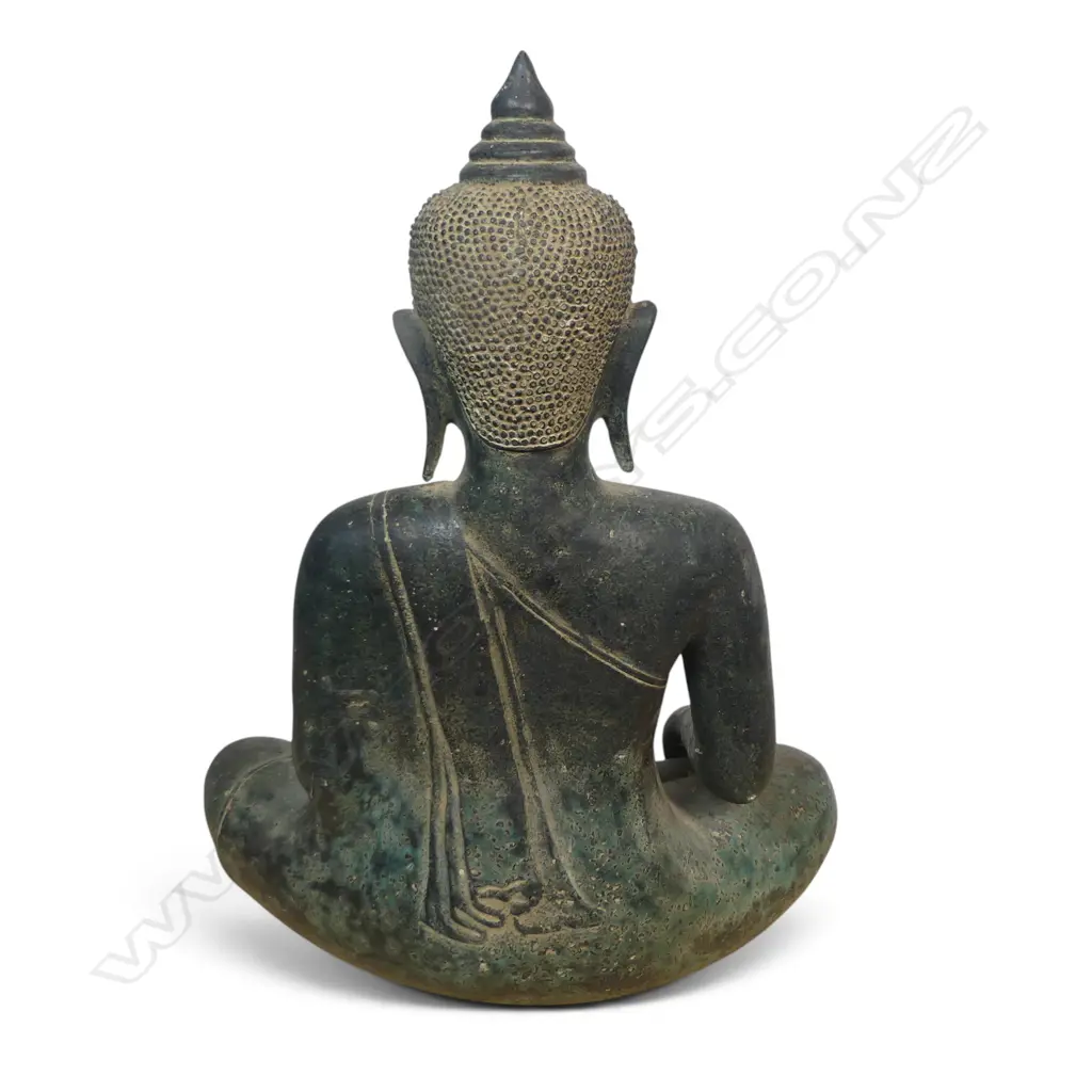 SOUTHEAST ASIAN BRONZE STATUE OF BUDDHA SEATING IN A MEDITATIVE POSTURE (DHYANA MUDRA), SML DENTS TO LOWER BODY, H.400M Image 1++