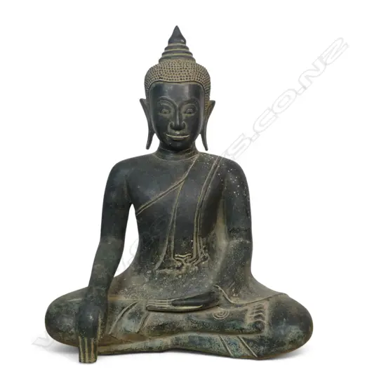 SOUTHEAST ASIAN BRONZE STATUE OF BUDDHA SEATING IN A MEDITATIVE POSTURE (DHYANA MUDRA), SML DENTS TO LOWER BODY, H.400M