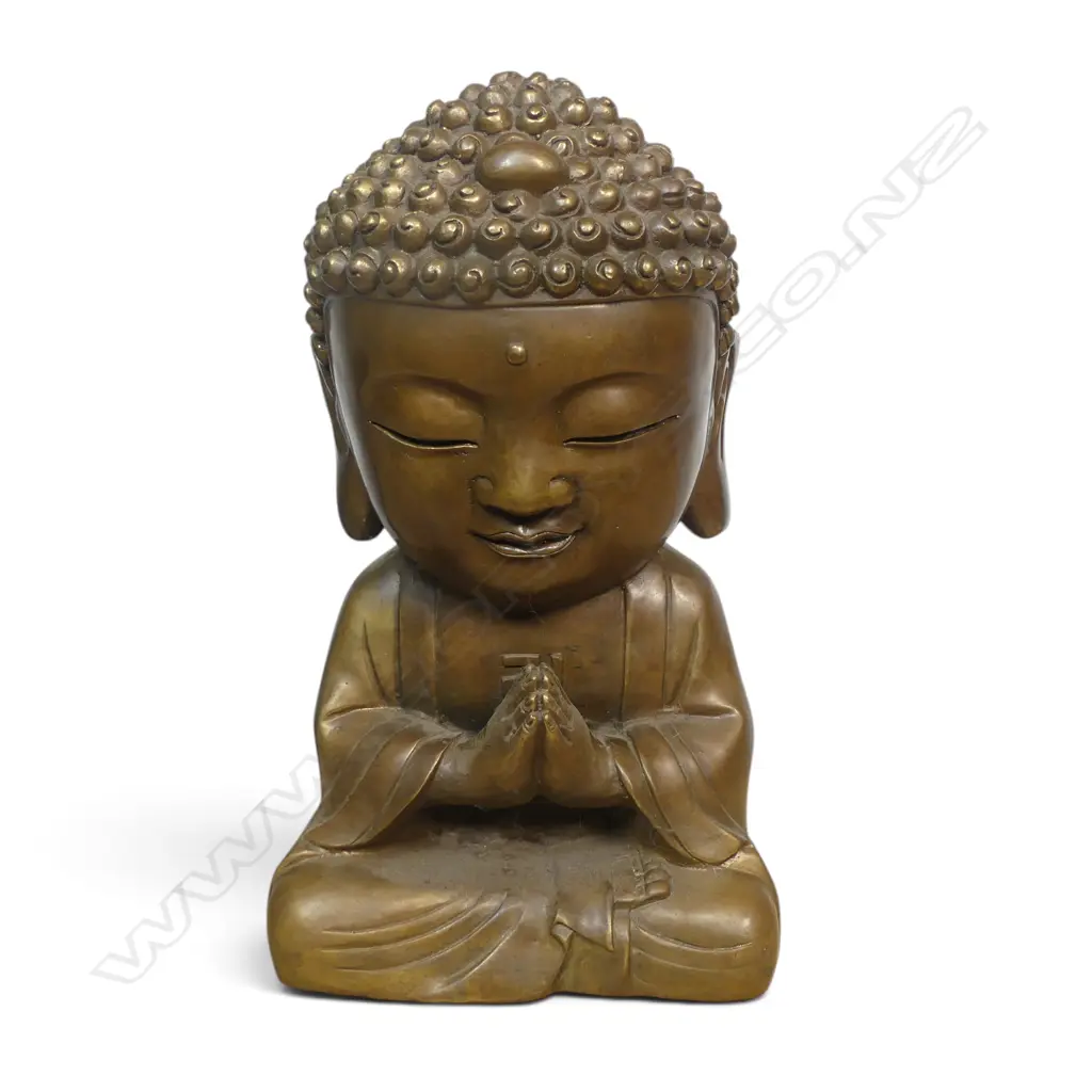 CHINESE BRASS BRONZED 'BABY BUDDHA' IN A SEATED PRAYING POSTURE (ANJALI MUDRA) WITH STAMP ON BASE, H.280MM Image 1++