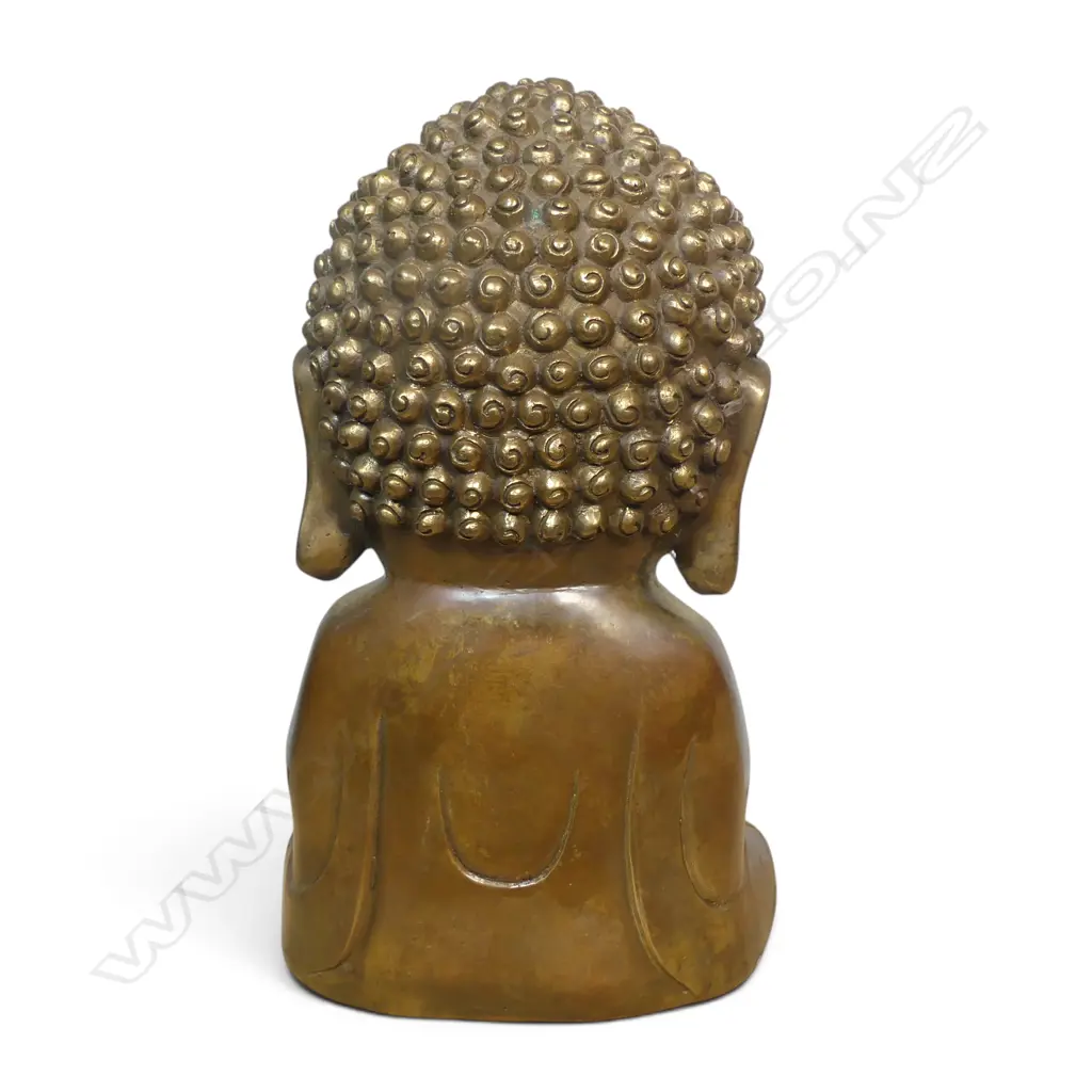 CHINESE BRASS BRONZED 'BABY BUDDHA' IN A SEATED PRAYING POSTURE (ANJALI MUDRA) WITH STAMP ON BASE, H.280MM Image 1++