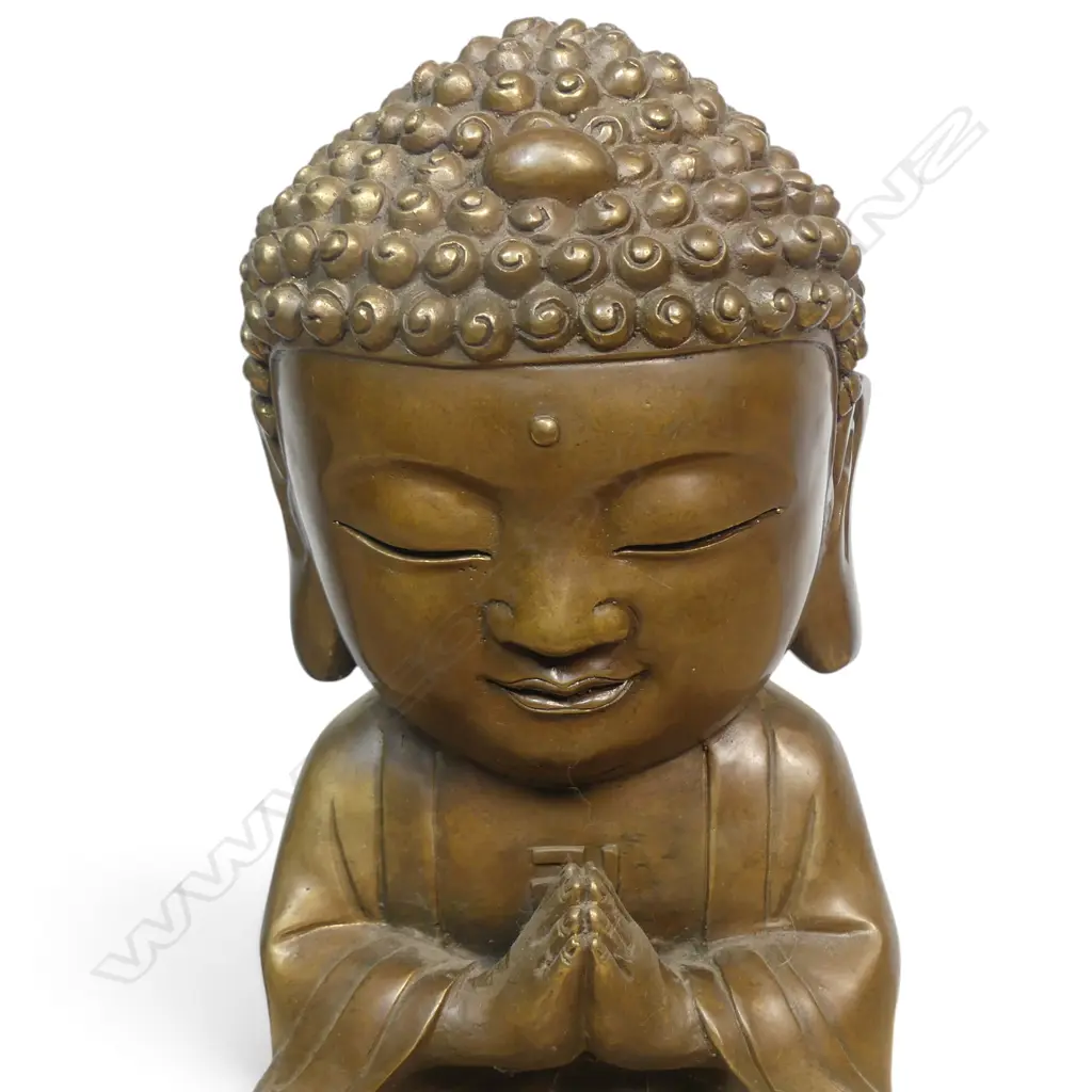 CHINESE BRASS BRONZED 'BABY BUDDHA' IN A SEATED PRAYING POSTURE (ANJALI MUDRA) WITH STAMP ON BASE, H.280MM Image 1++