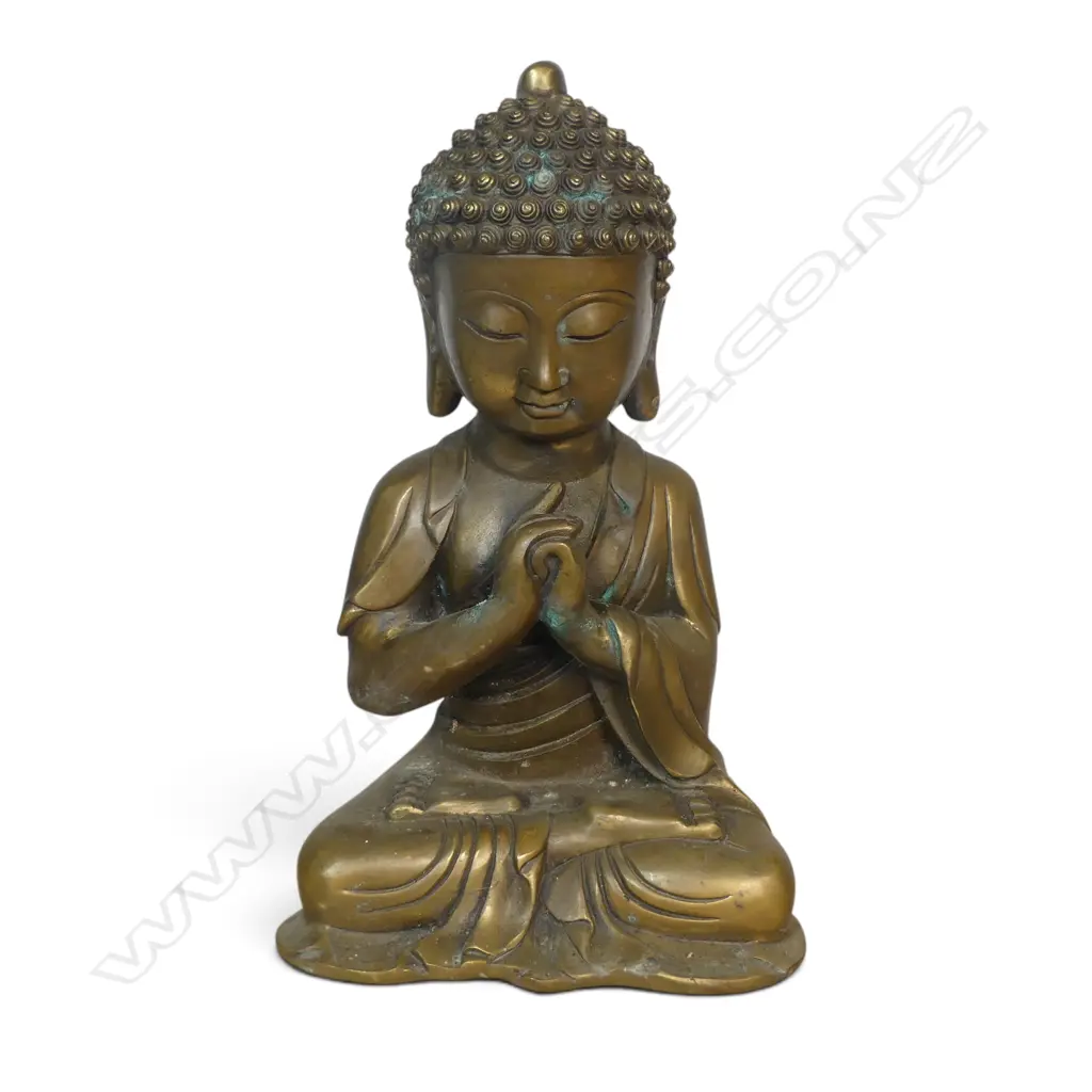 CAST METAL MEDITATIF SHAKYAMUNI BUDDHA FIGURINE WITH SNAIL HAIR, SOME OXIDATION, 290 X 70MM Image 1++