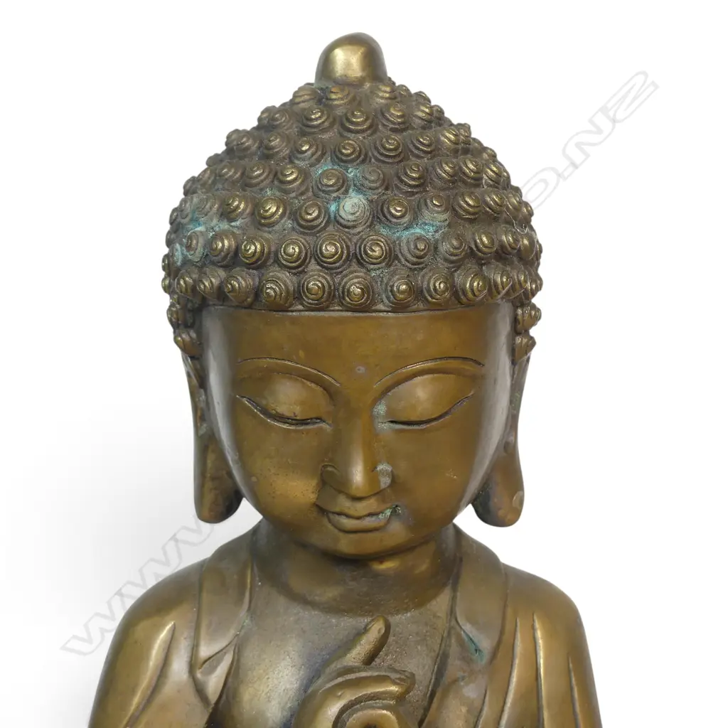 CAST METAL MEDITATIF SHAKYAMUNI BUDDHA FIGURINE WITH SNAIL HAIR, SOME OXIDATION, 290 X 70MM Image 1++