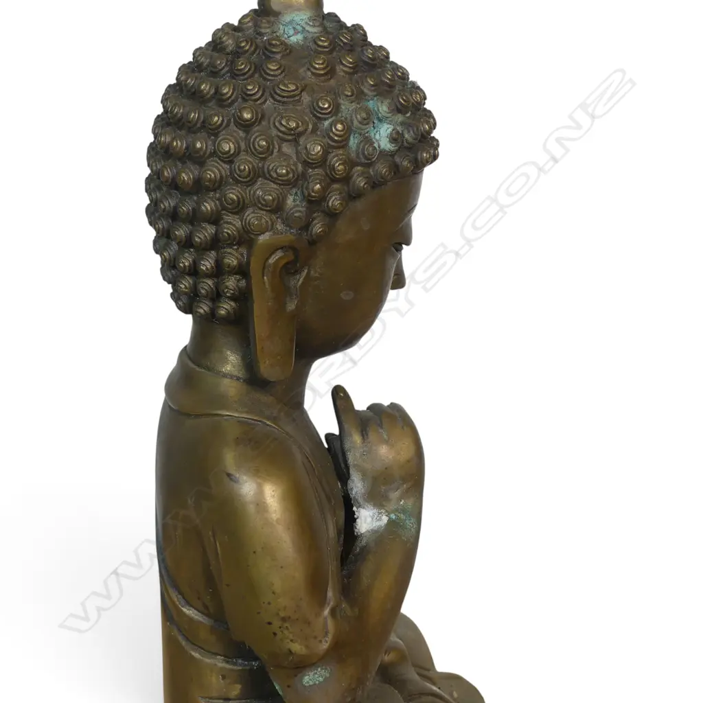 CAST METAL MEDITATIF SHAKYAMUNI BUDDHA FIGURINE WITH SNAIL HAIR, SOME OXIDATION, 290 X 70MM Image 1++