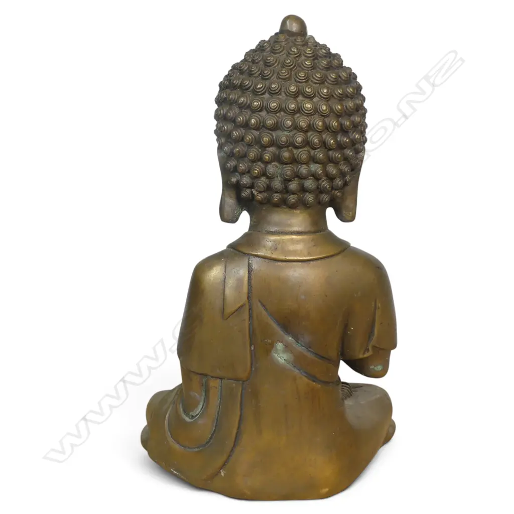 CAST METAL MEDITATIF SHAKYAMUNI BUDDHA FIGURINE WITH SNAIL HAIR, SOME OXIDATION, 290 X 70MM Image 1++