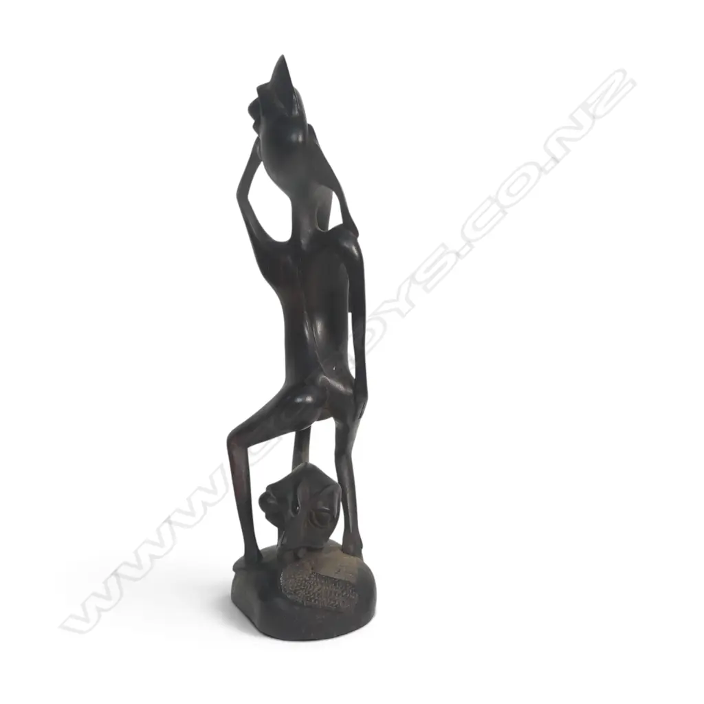 EAST AFRICAN DARK WOOD CARVING SCULPTURE OF SPIRIT w ABSTRACT & ELONGATED FORMS, SIGNED BY THE ARTIST UNDER, 380 X 140MM Image 1++
