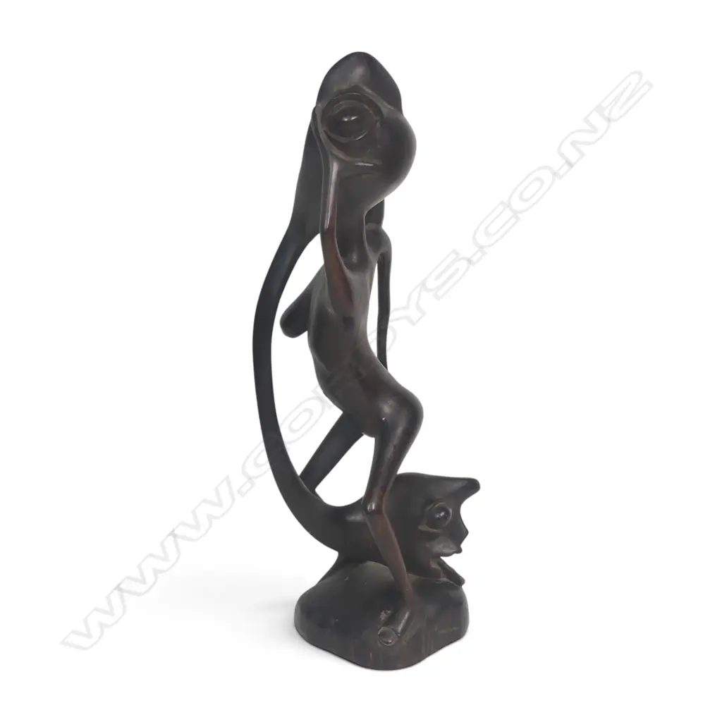 EAST AFRICAN DARK WOOD CARVING SCULPTURE OF SPIRIT w ABSTRACT & ELONGATED FORMS, SIGNED BY THE ARTIST UNDER, 380 X 140MM Image 1++