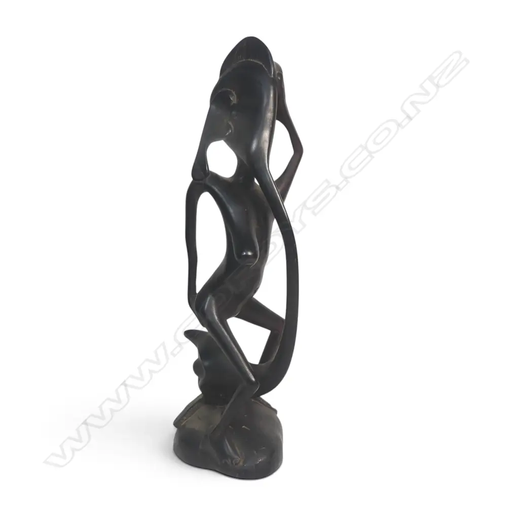 EAST AFRICAN DARK WOOD CARVING SCULPTURE OF SPIRIT w ABSTRACT & ELONGATED FORMS, SIGNED BY THE ARTIST UNDER, 380 X 140MM Image 1++