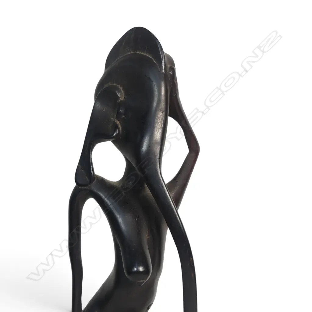 EAST AFRICAN DARK WOOD CARVING SCULPTURE OF SPIRIT w ABSTRACT & ELONGATED FORMS, SIGNED BY THE ARTIST UNDER, 380 X 140MM Image 1++