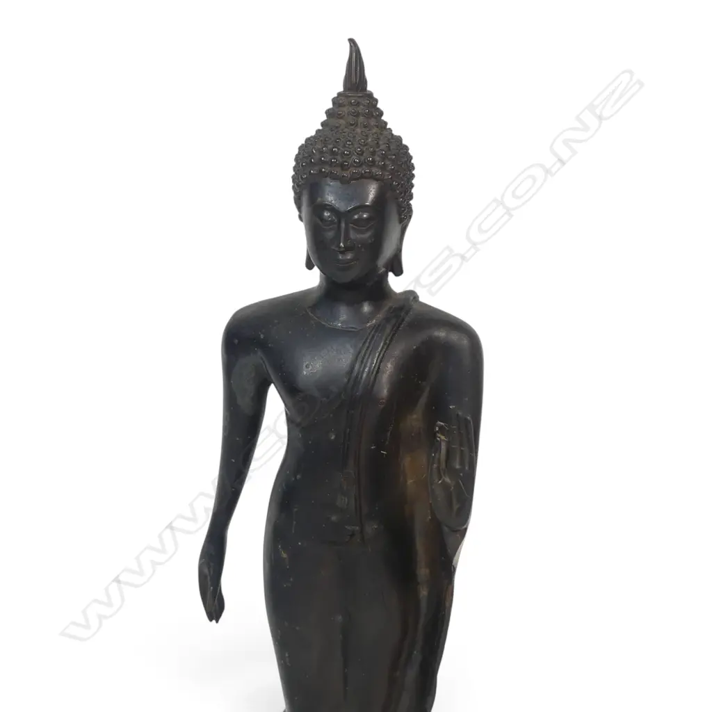 GRACEFUL DARK BRONZED THAI WALKING BUDDHA WITH ONE HAND RAISED FEARLESSNESSLY, STAMP TO THE BASE.H.400MM Image 1++