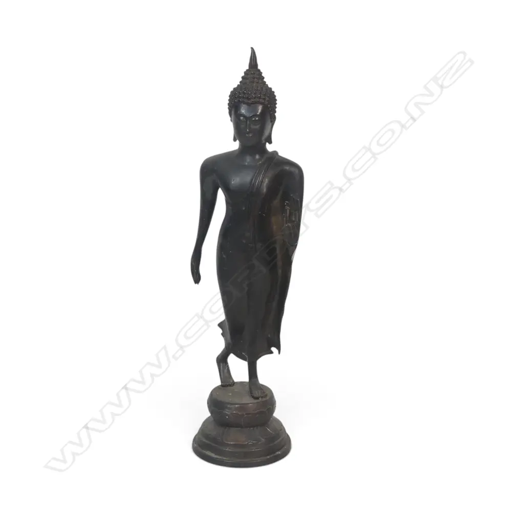 GRACEFUL DARK BRONZED THAI WALKING BUDDHA WITH ONE HAND RAISED FEARLESSNESSLY, STAMP TO THE BASE.H.400MM Image 1++