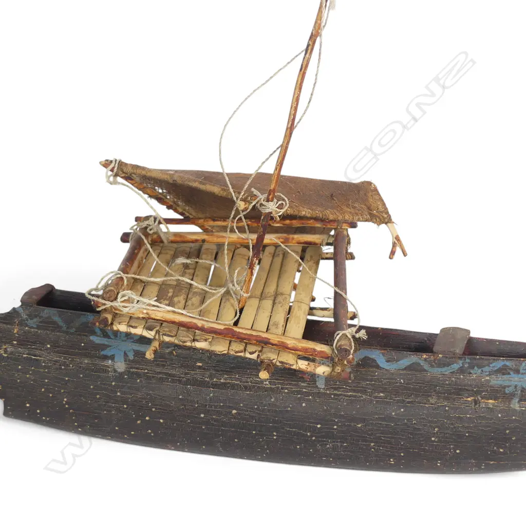 HAND CRAFTED WAKA MODEL, WOOD & WOVEN PLANT FIBER SAIL, AGED PATINA, 700 X 350MM Image 1++