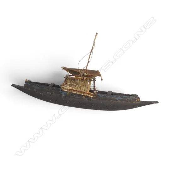 HAND CRAFTED WAKA MODEL, WOOD & WOVEN PLANT FIBER SAIL, AGED PATINA, 700 X 350MM