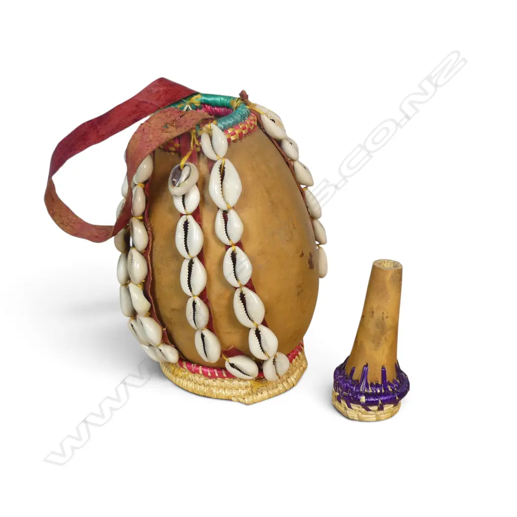 AFRICAN  CALABASH GOURD DECORATED WITH COWRIE SHELLS & RAFFIA, LEATHER STRAP TO CARRY, H.250MM Image 1++