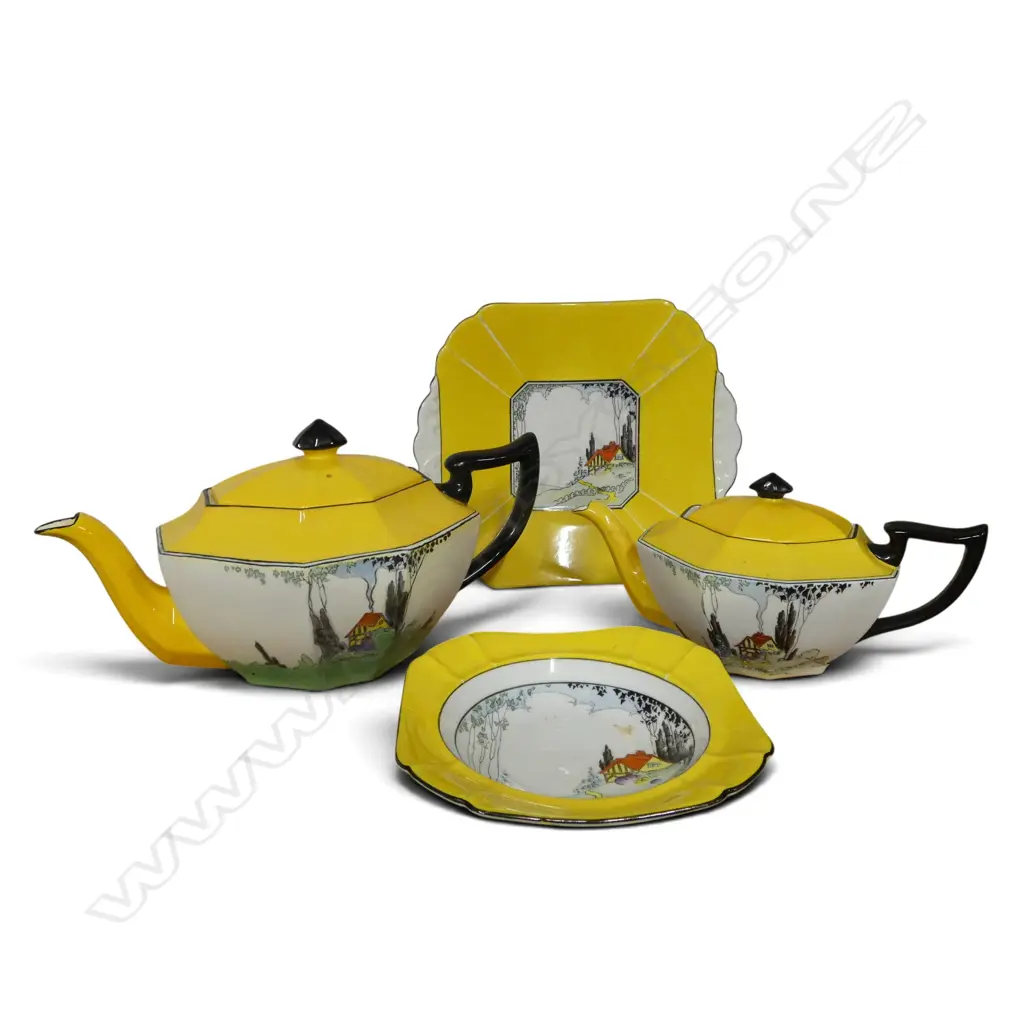 2 ART DECO SHELLEY CHINA RED ROOF PAT TEAPOTS CAKE PLATE & DISH Image 1++