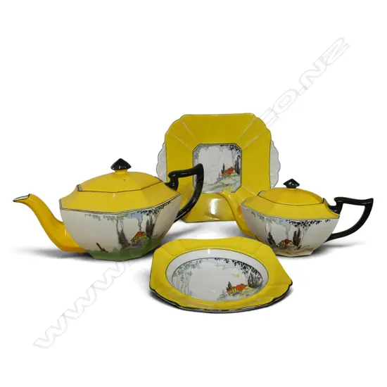 2 ART DECO SHELLEY CHINA RED ROOF PAT TEAPOTS CAKE PLATE & DISH
