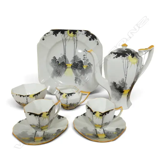 PART SHELLEY CHINA COFFEE SET COFFEE POT C/SUGAR 2C/SS & CAKE PLATE DECO SUNSET PAT