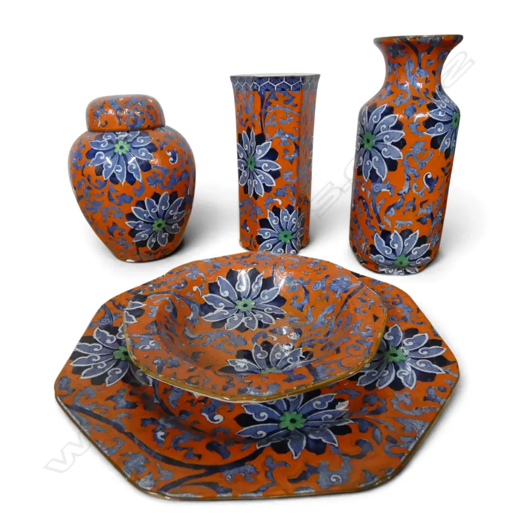 5PCS BURSLEY WARE CHINA LIDDED GINGER JAR 2 VASES H180MM & 2 PLATES CHUNG PAT Image 1++
