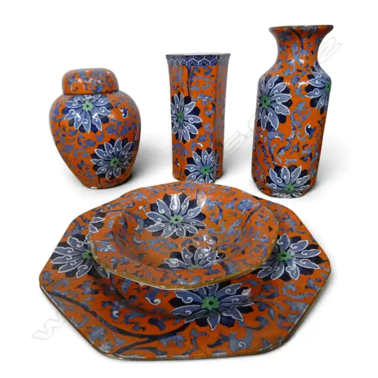 5PCS BURSLEY WARE CHINA LIDDED GINGER JAR 2 VASES H180MM & 2 PLATES CHUNG PAT