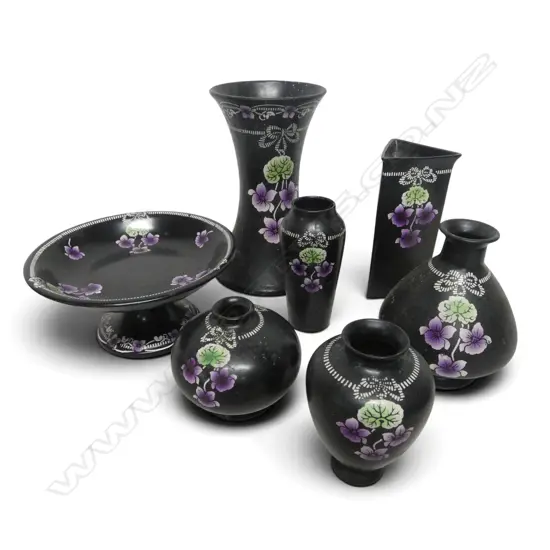 6 SHELLEY CHINA VASES H200MM TALLEST & COMPORT BLACK COLOURWAY PURPLE PANSY PAT
