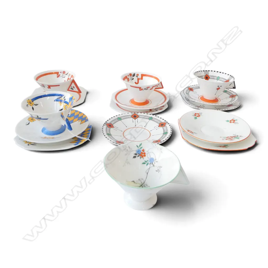 5 VINTAGE SHELLEY CHINA ART DECO CSP SETS TRIANGLE HANDLES MIXED PATS Image 1++