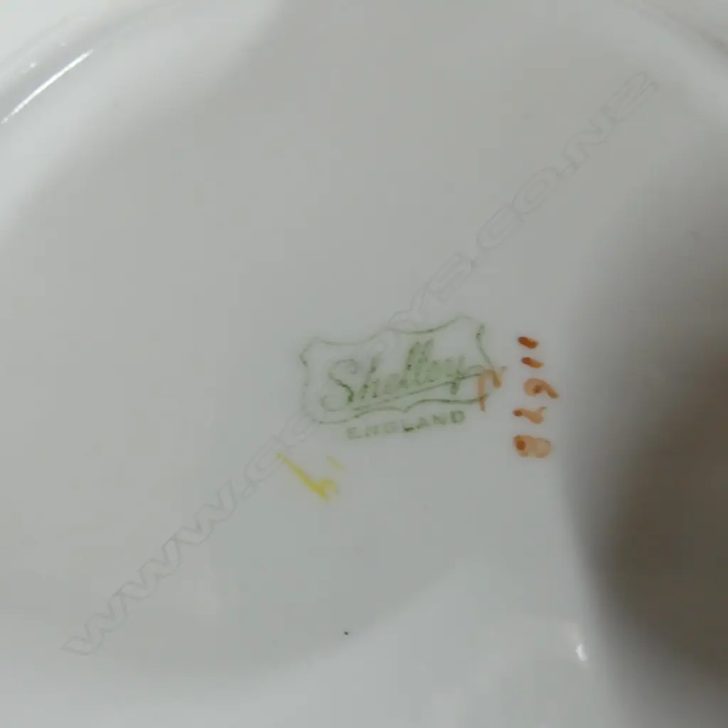 PART SHELLEY CHINA TEASET TEAPOT ON STAND C/SUGAR 2 CSPS & CAKE PLATE DECO SUNSET PAT Image 1++