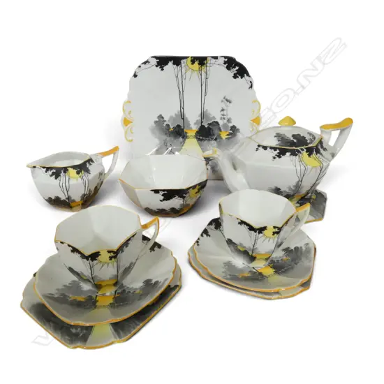 PART SHELLEY CHINA TEASET TEAPOT ON STAND C/SUGAR 2 CSPS & CAKE PLATE DECO SUNSET PAT
