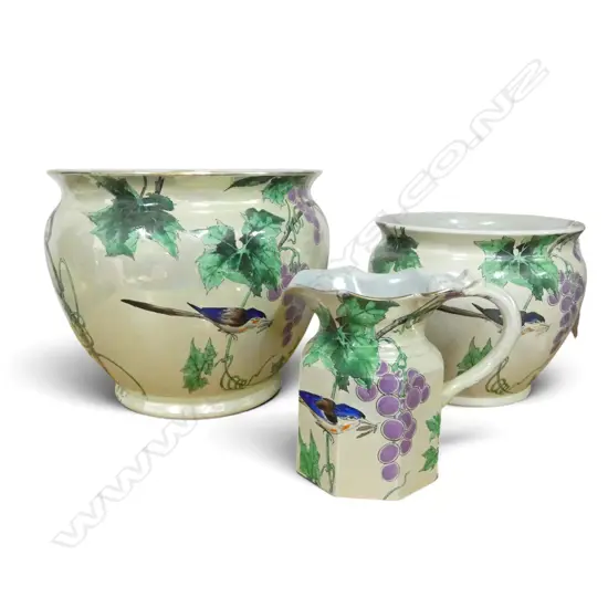 2 SHELLEY CHINA JARDINEERS & MATCHING JUG H150MM BLUE BIRD LUSTER PAT
