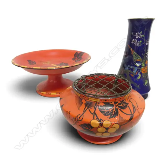 SHELLEY CHINA COMPORT & VASE ORANGE COLOURWAY & BLUE PHEASANT VASE H220MM
