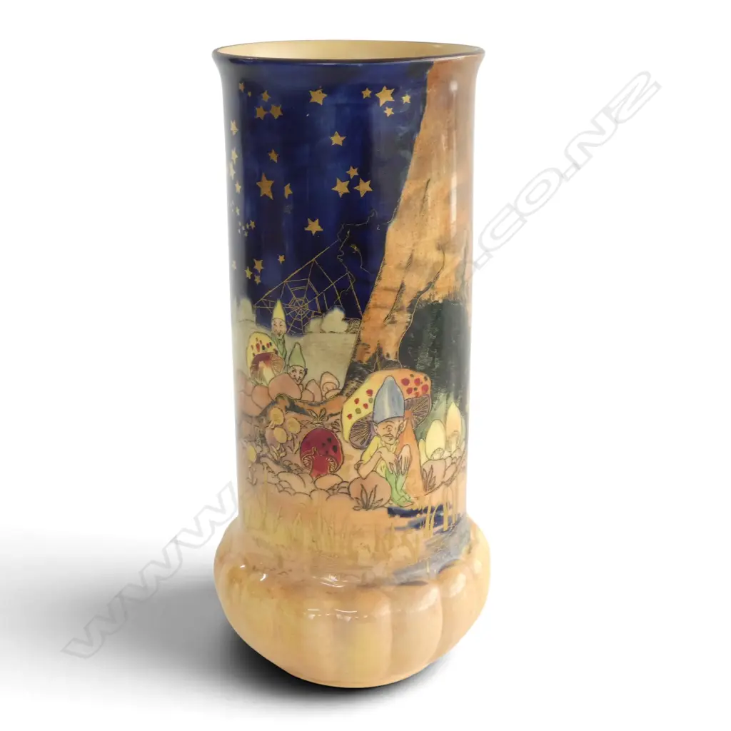VINTAGE ROYAL DOULTON TALL GNOMES VASE, H.250mm, hairline crack to rim & professional restoration Image 1++