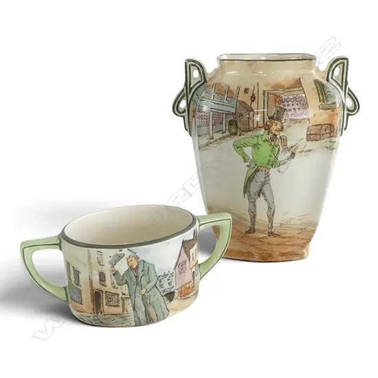 2 PC ROYAL DOULTON DICKEN'S WARE, VASE, H.165mm & DOUBLE HANDLED CUP, H.65mm