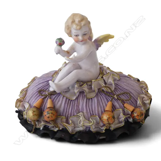 VINTAGE PIN CUSHION w PORCELAIN WINGED CHERUB ATOP, H.100 x 110mm