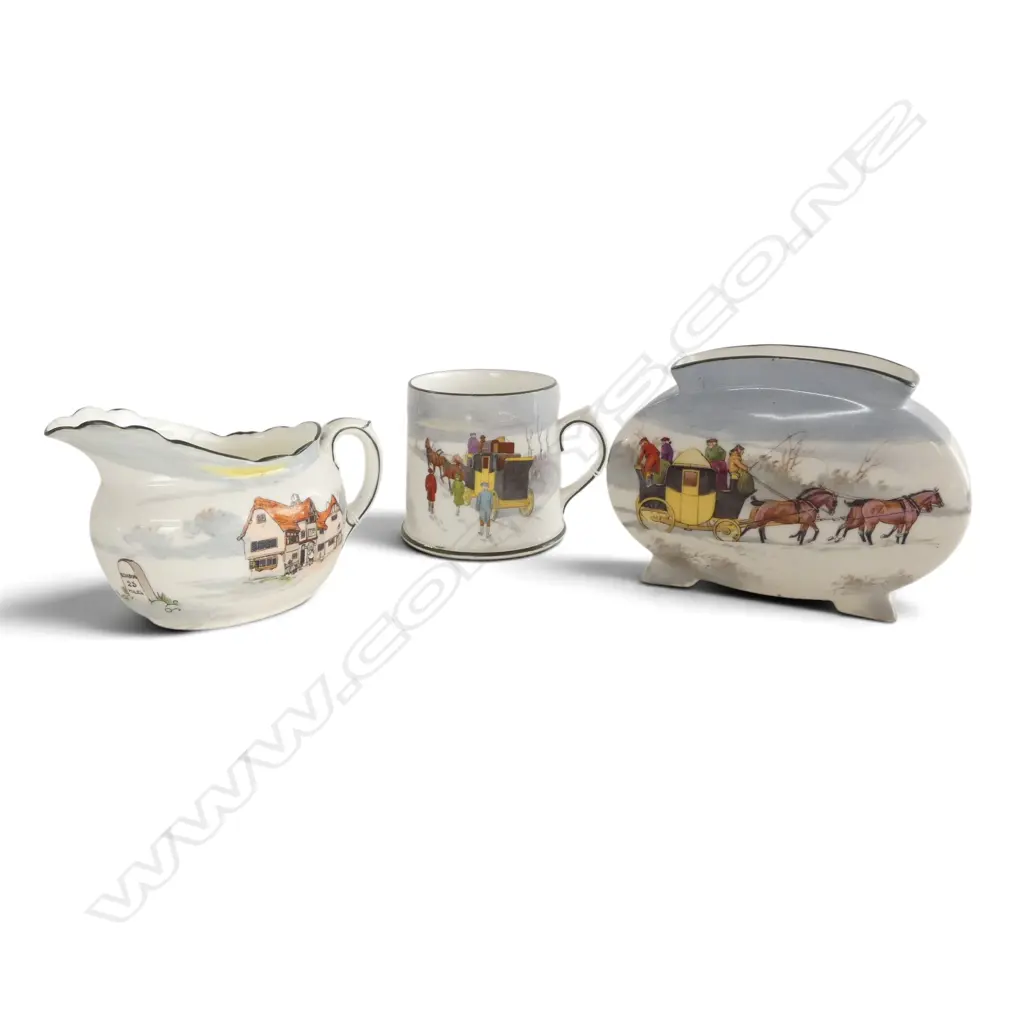 3 PCS ROYAL DOULTON COACHING WARE, RARE WINTER COLOURS, JUG, H.75mm, VASE, 90x130mm & MUG, H.70mm Image 1++