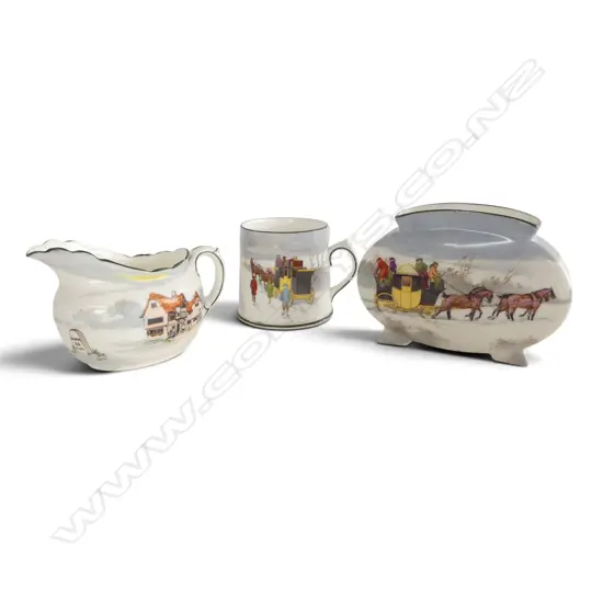 3 PCS ROYAL DOULTON COACHING WARE, RARE WINTER COLOURS, JUG, H.75mm, VASE, 90x130mm & MUG, H.70mm
