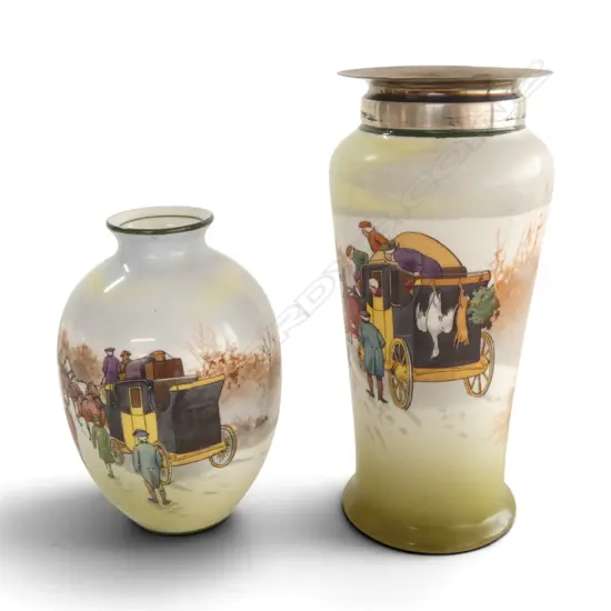 SILVER RIMMED ROYAL DOULTON COACHING DAYS VASE, H.150mm & ANOTHER VASE, H.70mm  RARE WINTER COLOURS