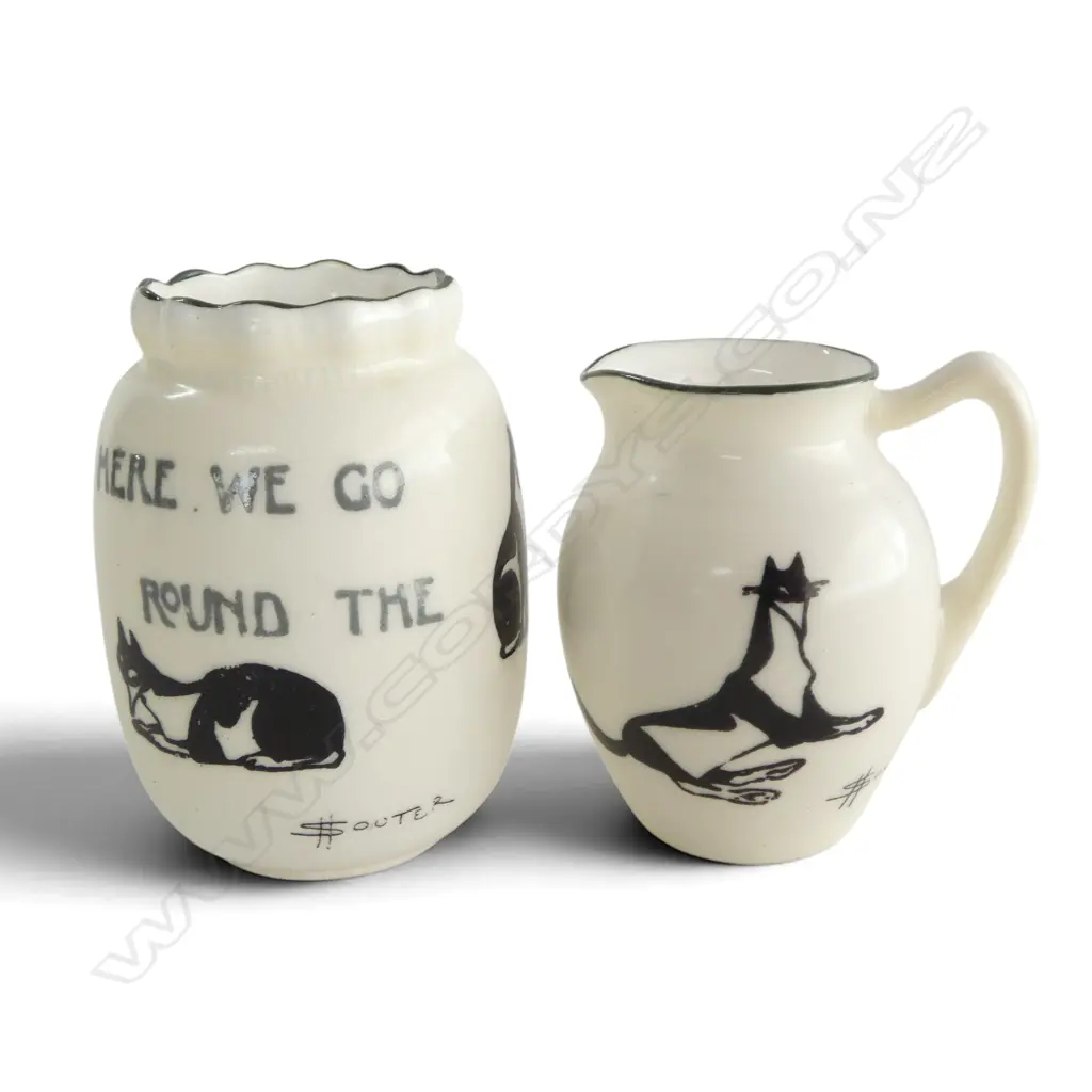 2 c1910 ROYAL DOULTON MINIATURES FEATURING black cats & signed by artist David Henry Souter, H.60/75mm Image 1++
