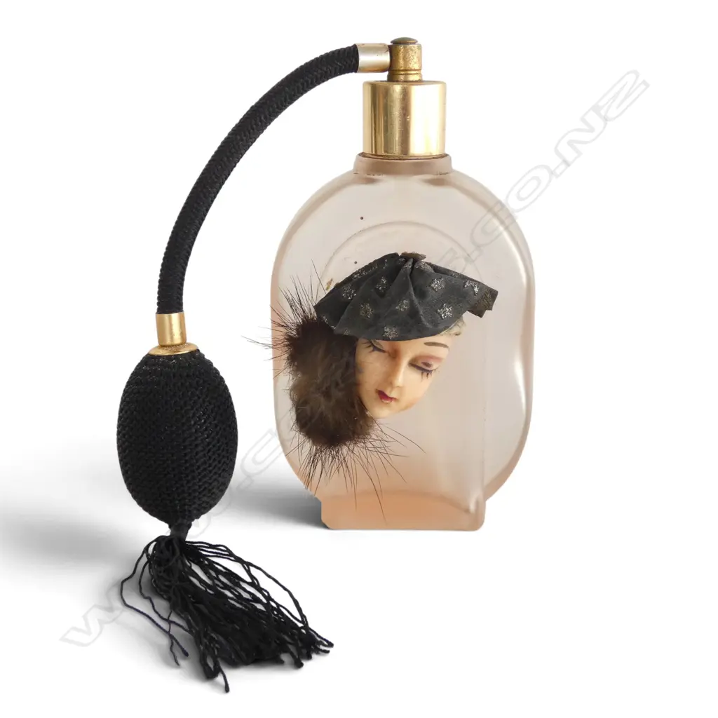 VINTAGE GLASS PERFUME BOTTLE w APPLIED LADY Image 1++