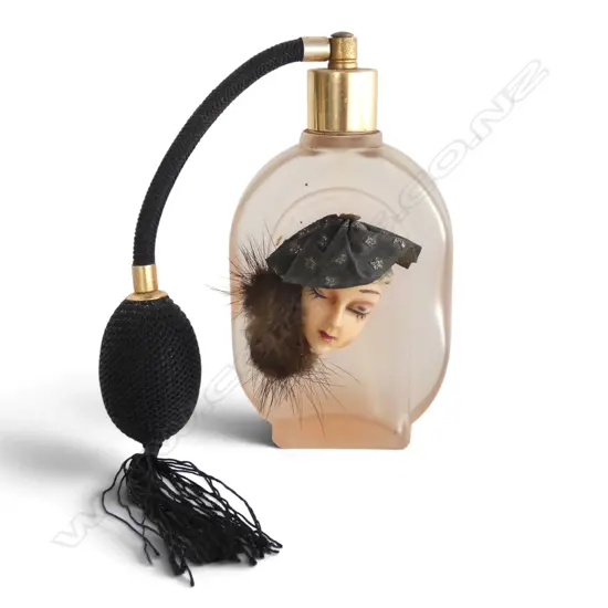 VINTAGE GLASS PERFUME BOTTLE w APPLIED LADY