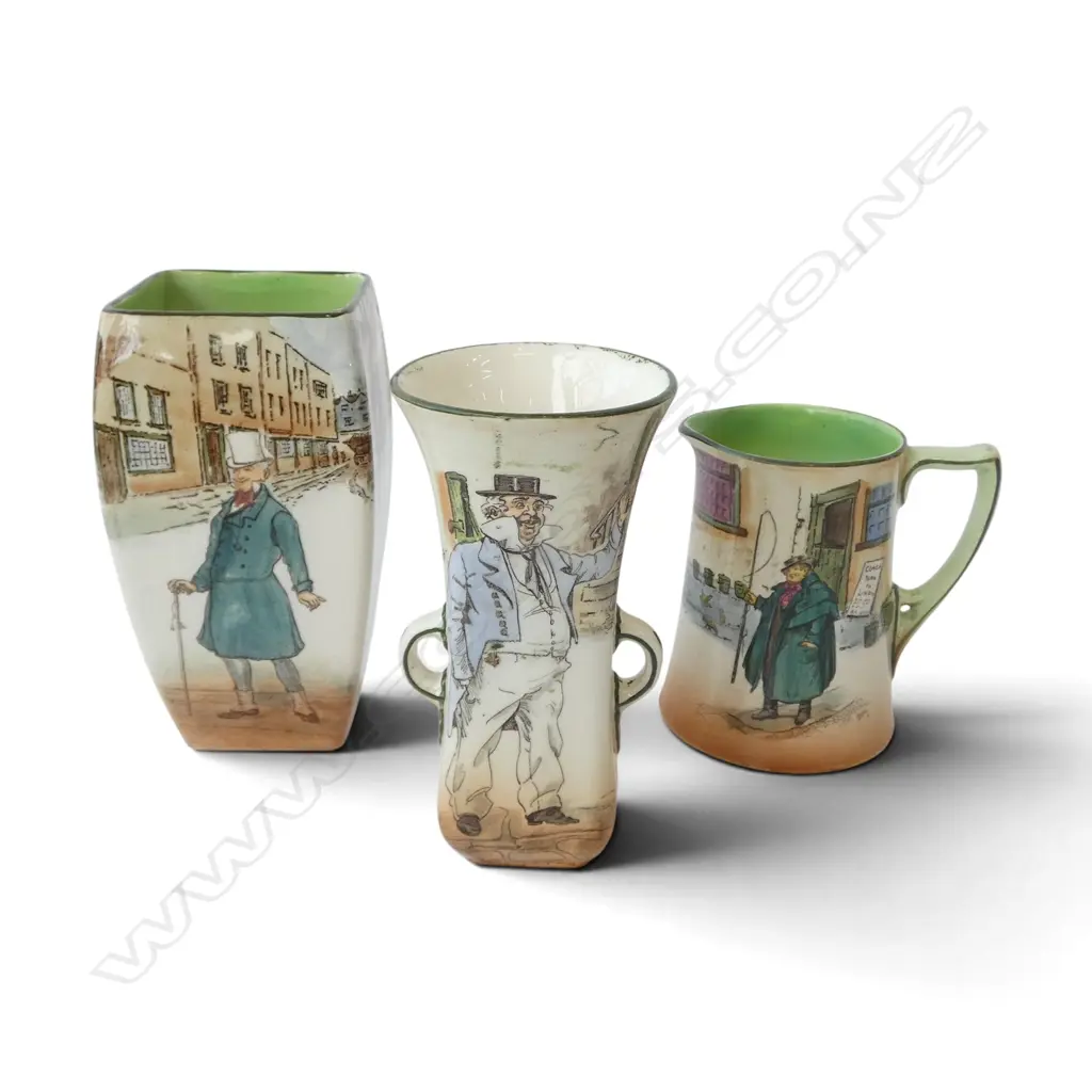 3 PCS ROYAL DOULTON DICKEN'S WARE, 2 VASES & JUG, 140,150,110mm Image 1++